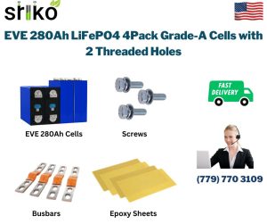 EVE 280Ah LiFePO4 4Pack Grade-A Cells with 2 Threaded Holes.