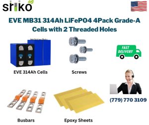 EVE MB31 314Ah LiFePO4 4Pack Grade-A Cells with 2 Threaded Holes